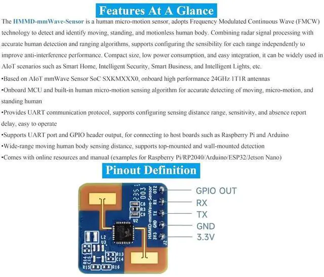 Alt view image 3 of 7 - AJMRTC 24GHz mmWave Radar Human Micro-Motion Detection Sensor Module Based on S3KM1110, FMCW Technology, Compatible with Raspberry Pi, Pi Pico, Jetson Nano and ESP32