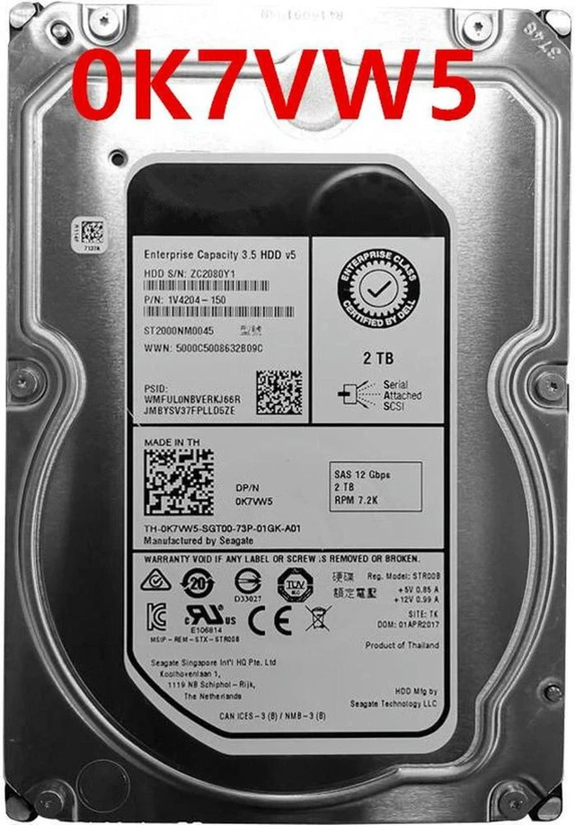 Main image of 2TB 3.5" SAS 7200RPM 128MB Cache Internal Enterprise Hard Drive, Replacement HDD Part Number K7VW5 0K7VW5, Model ST2000NM0045, LFF Enterprise Storage Disk for Rack Server, NAS and Enterprise Data Stor
