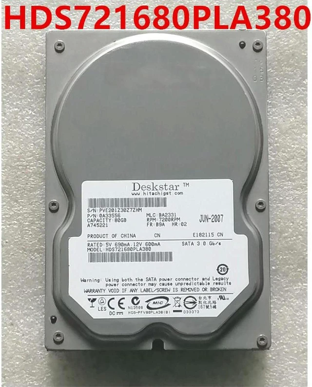 Main image of 80GB 3.5" SATA 7200RPM 8MB Cache Vintage Desktop Internal Hard Drive, Model HDS721680PLA380, Legacy SATA HDD, Storage Disk for Old Desktop PC, Retro Computer Hardware Repair & Data Storage Replacement