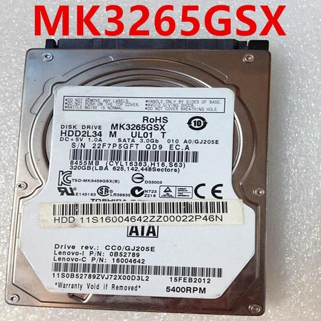 Main image of 320GB 2.5 Inch SATA 3Gb/s Laptop Internal Hard Drive MK3265GSX, 5400RPM 8MB Cache 2.5" Notebook HDD, Fully Tested Working Hard Disk Replacement for Laptop Storage Upgrade & Repair