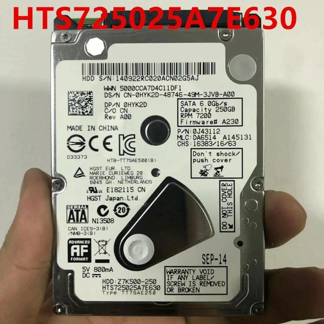 Alt view image 2 of 2 - 250GB 2.5" 7mm SATA Notebook Internal HDD HTS725025A7E630, 32MB Cache 7200RPM Laptop Hard Disk Drive, Fully Tested Working Replacement HDD for Notebook Storage Hardware Repair & Data Storage Upgrade