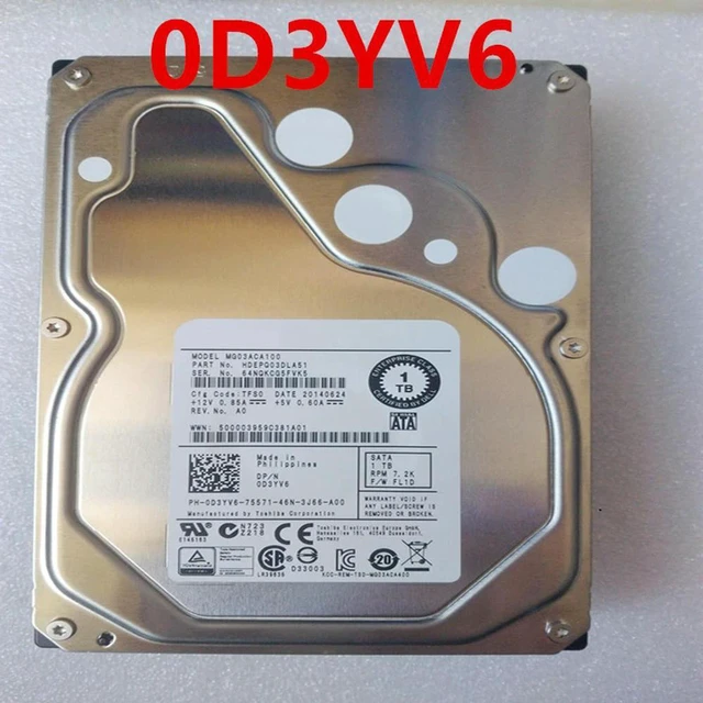 Alt view image 3 of 3 - 1TB 3.5" SATA Enterprise Internal Hard Drive, 7200RPM 64MB Cache, Part D3YV6 0D3YV6 Model MG03ACA100, Nearly New HDD Replacement for Server Storage