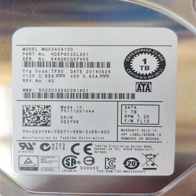 Alt view image 2 of 3 - 1TB 3.5" SATA Enterprise Internal Hard Drive, 7200RPM 64MB Cache, Part D3YV6 0D3YV6 Model MG03ACA100, Nearly New HDD Replacement for Server Storage