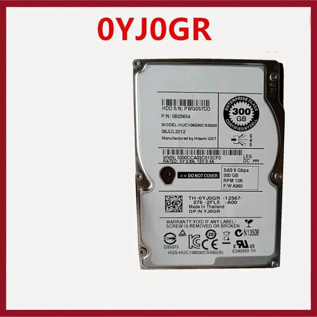 Main image of 300GB 2.5" SAS 6Gb/s Internal Server Hard Drive, 10000RPM 64MB Cache, Part YJ0GR 0YJ0GR Model HUC106030CSS600, Nearly New HDD Replacement for Server Storage