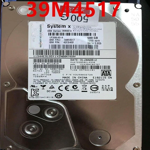 Main image of 500GB 3.5" SATA Internal Server Hard Drive, 7200RPM 64MB Cache, Part 39M4517 39M4514 42C0468, Replacement HDD for Server Storage Array