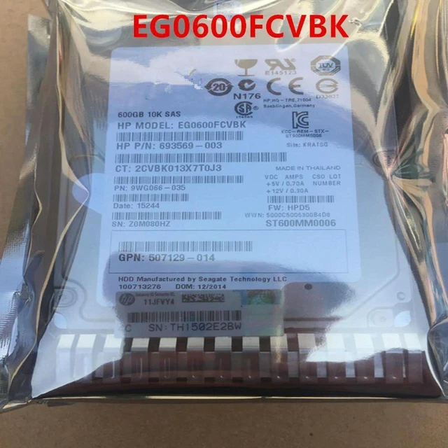 Main image of 2.5" 600GB Server SAS Hard Drive, 10K RPM 64MB Cache Part EG0600FCVBK 693569-003 653957-001 652583-B21 507129-014, Fully Tested Working Replacement Server HDD