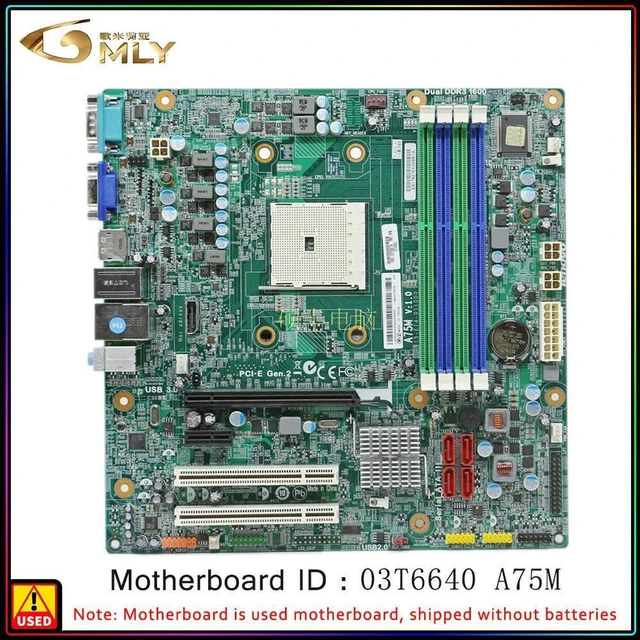 Main image of M-ATX Desktop Motherboard 03T6640 A75M, AMD A75 Chipset FM1 Socket, Supports APU CPU, 4 DDR3 Slots Max 32GB, Fully Tested Working Replacement Mainboard