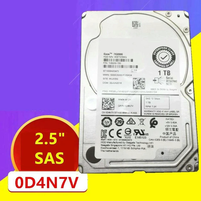Main image of 2.5" 1TB SAS Server Hard Drive ST1000NX0473, 12Gb/s 7200RPM 128MB Cache Part 0D4N7V D4N7V, Fully Tested Working Replacement Enterprise HDD