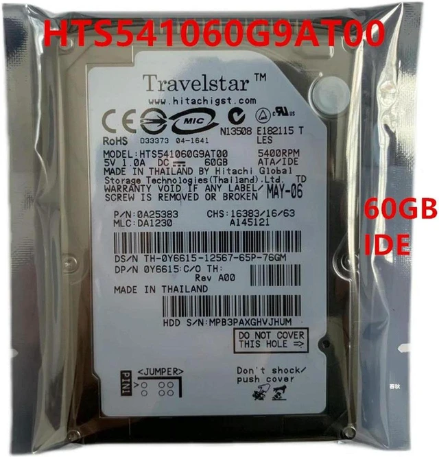 Main image of 60GB 2.5" IDE 4200RPM 2MB Cache Notebook Hard Drive, Model HTS541060G9AT00 for Hitachi Internal Laptop HDD, 100% Fully Tested for Vintage Notebook Storage Repair