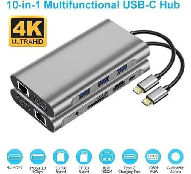 Main image of USB Type C Hub, USB C Hub,USB Type C Docking Station 10 in 1, USB C to HDMI, USB C to VGA, USB C to 3USB 3.0, RJ45 Gigabit Ethernet PD SD/TF Card Reader 3.5mm for MacBook Air, MacBook Pro