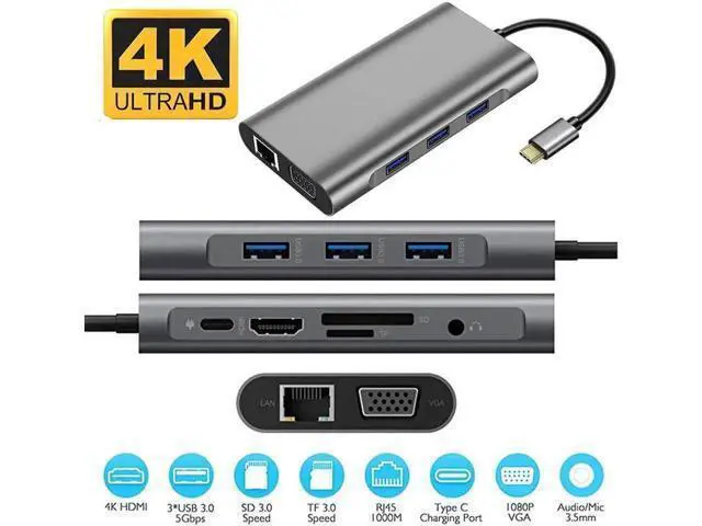 Alt view image 3 of 7 - USB Type C Hub, USB C Hub,USB Type C Docking Station 10 in 1, USB C to HDMI, USB C to VGA, USB C to 3USB 3.0, RJ45 Gigabit Ethernet PD SD/TF Card Reader 3.5mm for MacBook Air, MacBook Pro