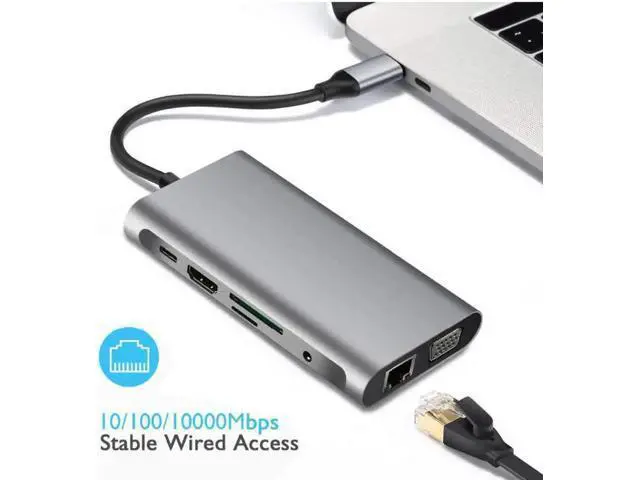 Alt view image 7 of 7 - USB Type C Hub, USB C Hub,USB Type C Docking Station 10 in 1, USB C to HDMI, USB C to VGA, USB C to 3USB 3.0, RJ45 Gigabit Ethernet PD SD/TF Card Reader 3.5mm for MacBook Air, MacBook Pro