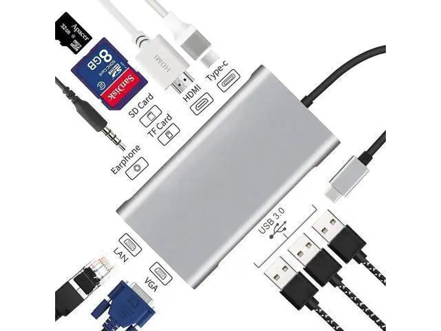 Alt view image 5 of 7 - USB Type C Hub, USB C Hub,USB Type C Docking Station 10 in 1, USB C to HDMI, USB C to VGA, USB C to 3USB 3.0, RJ45 Gigabit Ethernet PD SD/TF Card Reader 3.5mm for MacBook Air, MacBook Pro