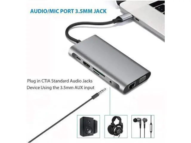 Alt view image 6 of 7 - USB Type C Hub, USB C Hub,USB Type C Docking Station 10 in 1, USB C to HDMI, USB C to VGA, USB C to 3USB 3.0, RJ45 Gigabit Ethernet PD SD/TF Card Reader 3.5mm for MacBook Air, MacBook Pro