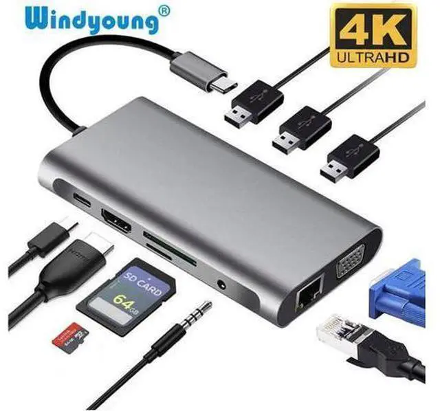 Main image of USB C Hub Adapter, 10 in 1 USB Type C Adapter Dock with 3 USB 3.0 Port, 4K HDMI, 1080P VGA, RJ45 Gigabit Ethernet, 3.5mm Audio Output, SD/TF Card Reader and USB Type-C PD for MacBook Pro Mac Pro