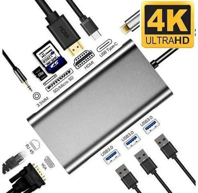 Main image of JAENFONGUpdated USB C Hub, 10 in 1 Type C Adapter Dock with Giga Ethernet, 4K USBC to HDMI, VGA, 3 USB3.0, Type C PD, SD TF Card Reader, Audio/Mic, for MacBook Pro and Other Type C Laptops