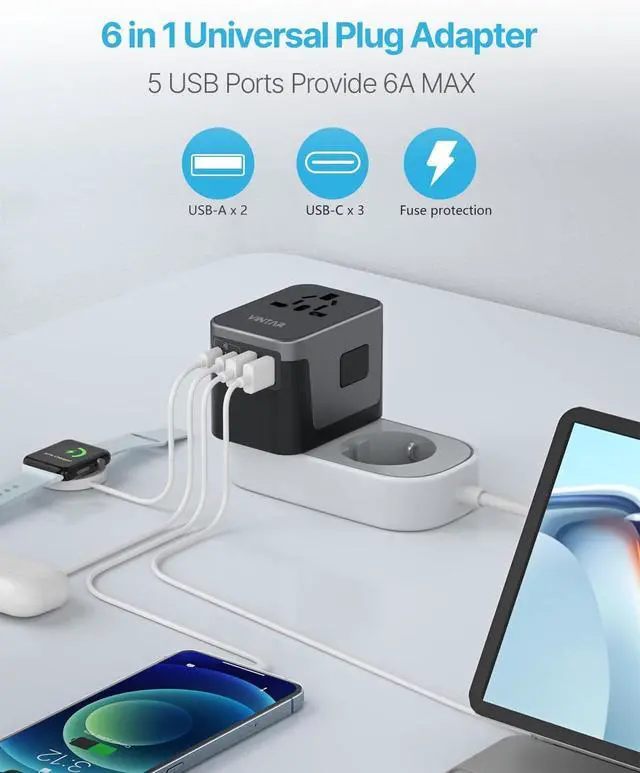 Alt view image 4 of 6 - Universal Travel Adapter, VINTAR International Power Adapter with 6A 3 USB C and 2 USB Ports, All in One Travel Essentials Plug Adapter, Worldwide Outlet Converter for Europe UK USA AUS(Type C/G/A/I)