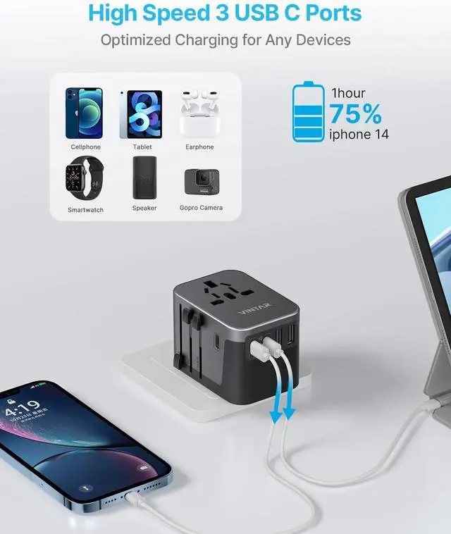 Alt view image 5 of 6 - Universal Travel Adapter, VINTAR International Power Adapter with 6A 3 USB C and 2 USB Ports, All in One Travel Essentials Plug Adapter, Worldwide Outlet Converter for Europe UK USA AUS(Type C/G/A/I)