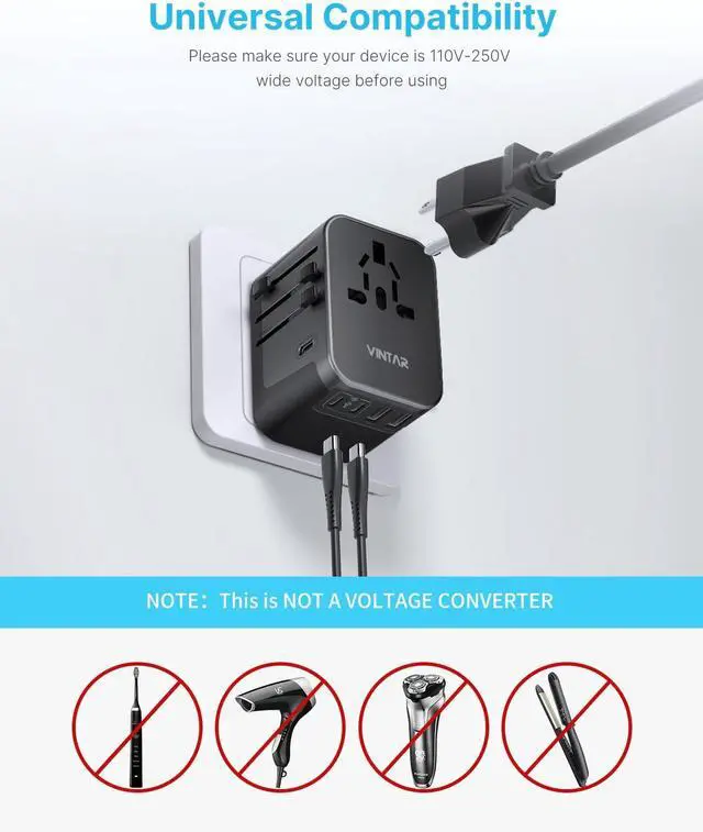 Alt view image 6 of 6 - Universal Travel Adapter, VINTAR International Power Adapter with 6A 3 USB C and 2 USB Ports, All in One Travel Essentials Plug Adapter, Worldwide Outlet Converter for Europe UK USA AUS(Type C/G/A/I)
