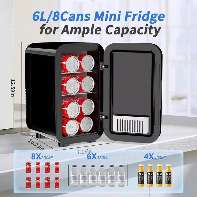 Alt view image 2 of 7 - Mini Fridge, 6 Liter/8 Can 110V AC/DC Portable Thermoelectric Cooler Refrigerators for Bedroom, Skincare, Beverage, Office, Dorm Room and Car, Black