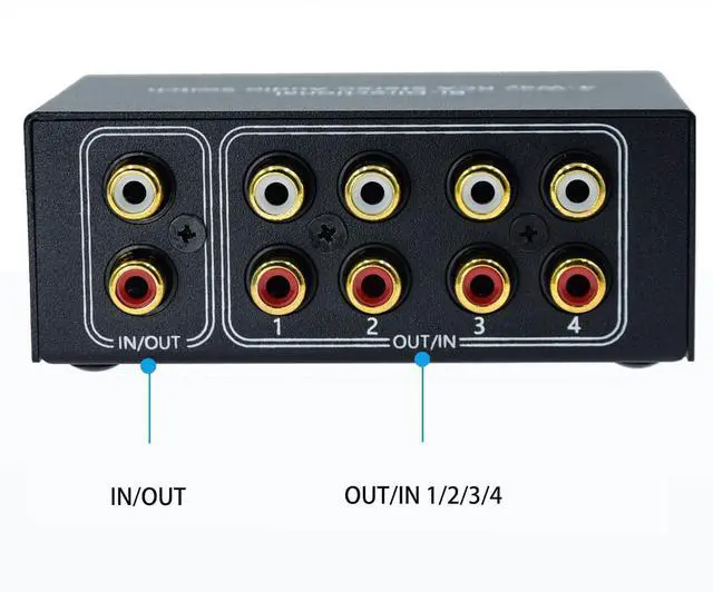 Alt view image 6 of 7 - No Noise 4 Way 1 in 4 Out or 4 in 1 Out Audio Sound selector RCA Female Stereo 4 Channel Splitter switcher Box Switching No External Power