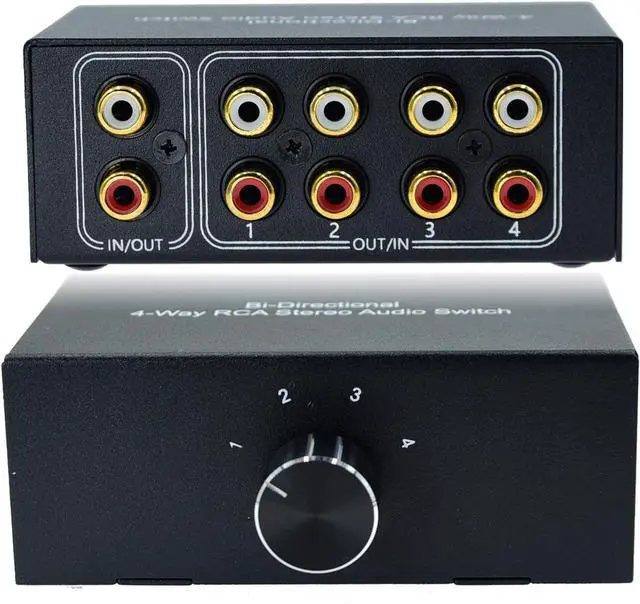 Main image of No Noise 4 Way 1 in 4 Out or 4 in 1 Out Audio Sound selector RCA Female Stereo 4 Channel Splitter switcher Box Switching No External Power