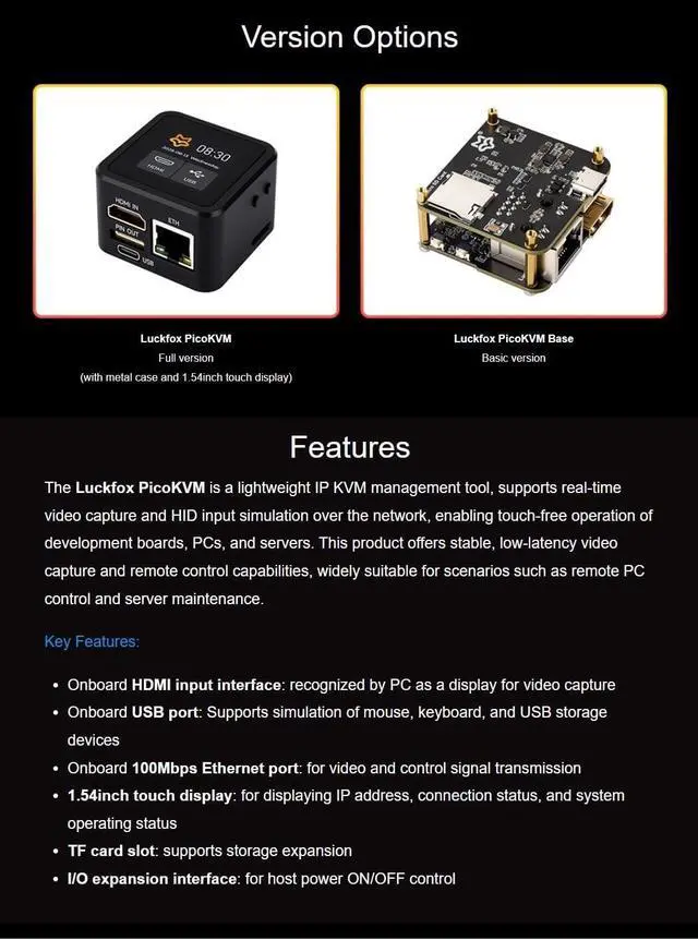 Alt view image 4 of 7 - Luckfox PicoKVM Lightweight IP KVM Remote Management Tool, Supports 1920 × 1080@60fps HDMI Video Input and HID Signal Output for Device Control, with Case and 1.54inch Touch Display