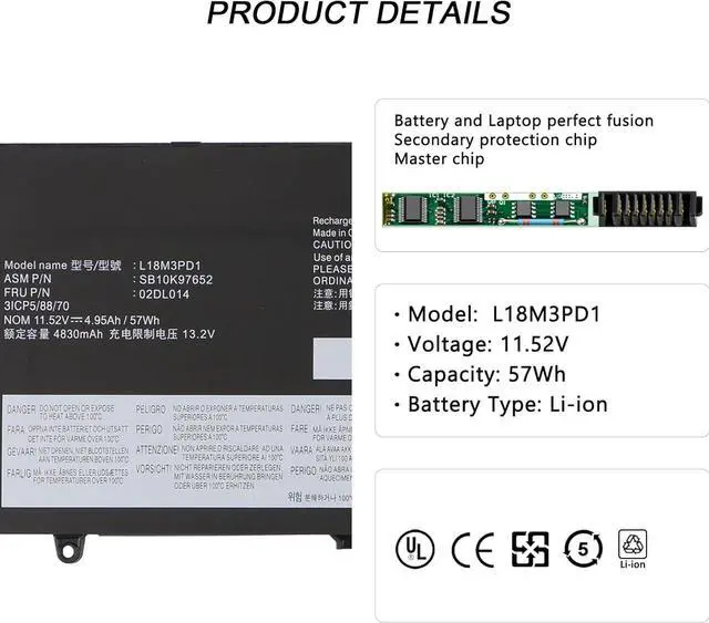 Alt view image 2 of 6 - 57Wh L18M3PD1 Laptop Battery for ThinkPad T490s T495s T14s (Gen 1) 02DL013 02DL016 02DL015 20UJS01R0Y L18C3PD1 5B10W13911 L18C3PD2 L18M3PD2 SB10K97651 SB10K97653 SB10K97652 L18L3PD1