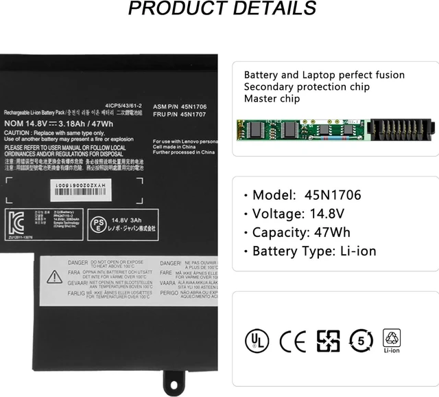 Alt view image 2 of 6 - 47Wh 45N1704 45N1705 45N1706 45N1707 Laptop Battery for ThinkPad S1 Yoga ThinkPad Yoga 12 S1-S240 S1-120 Series 20DL 20DK 20C0 20CD 20CD00AJGE 20CD0038GE 20CD0001GE 20DL0014FR 20C0006EGE