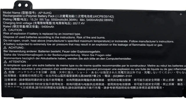 Alt view image 2 of 4 - 15.2V 84.36Wh 5550mAh AP18JHQ KT.00408.001 Batería de Repuesto para computadora portátil Compatible for ACER ConceptD 7 CN715-71 Series