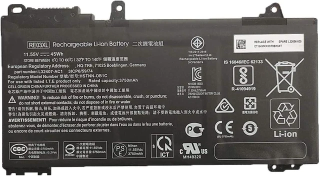 Main image of RE03XL HSTNN-OB1C L32407-AC1 (11.55V 45Wh 3750mAh) Laptop Battery Compatible for HP ProBook 450 430 440 445 G6 Series Notebook REO3XL HSTNN-DB9A L32407-2B1