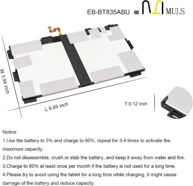 Alt view image 7 of 7 - MULS EB-BT835ABU Replacement Battery Compatible with Samsung Galaxy Tab S4 10.5" SM-T830 T835 Series Installation Tools 3.85V 7300mAh 28.11Wh