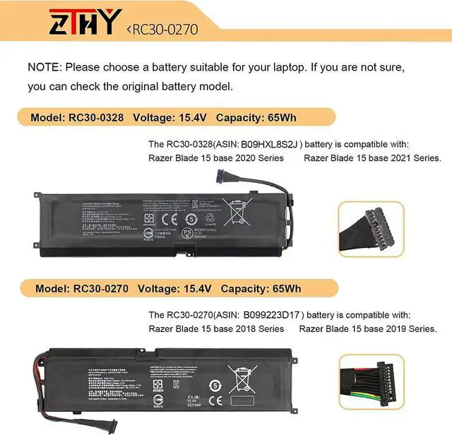 Alt view image 4 of 7 - ZTHY RC30-0270 RZ09-03009 Laptop Battery Replacement for Razer Blade 15 Base 2018 2019 GTX 1660 Ti RZ09-0270 02705E76 02705J76 02705J75-R3J1 02705W75-R3W1 RZ09-0300 RZ09-03006 RZ09-03006E92 15.4V 65Wh
