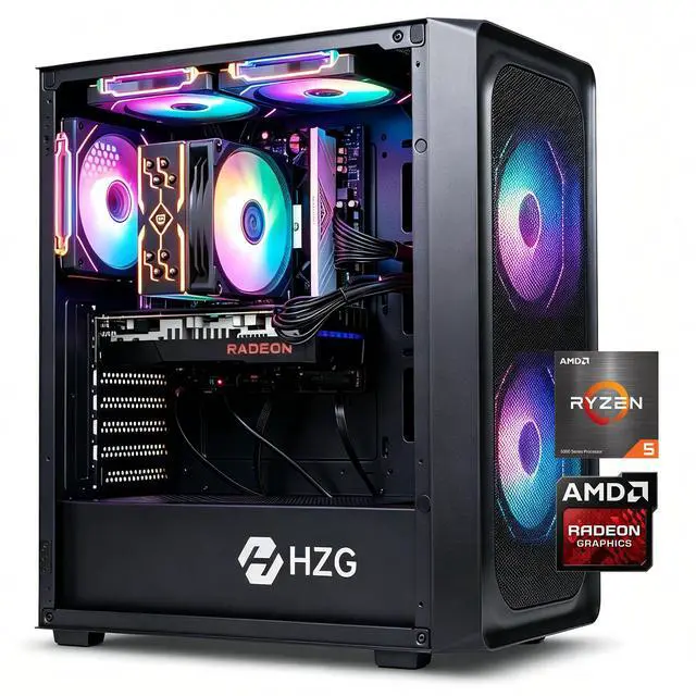 HZG M500 Prebuilt Gaming Desktop PC, AMD Ryzen 5 5600 6-Core, Radeon RX 6600 8GB, 16GB DDR4, 1TB NVMe SSD, Wi-Fi 6, VR Ready, Windows 11