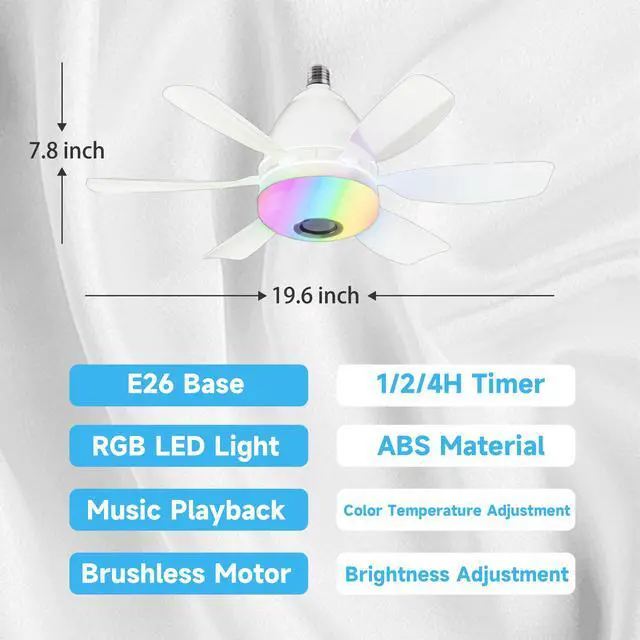 Alt view image 4 of 5 - Socket Fan Light with RGB, Bluetooth Speaker & Remote 3-in-1 E26 Ceiling Fan Bulb, Easy Install, Quiet & Color Changing