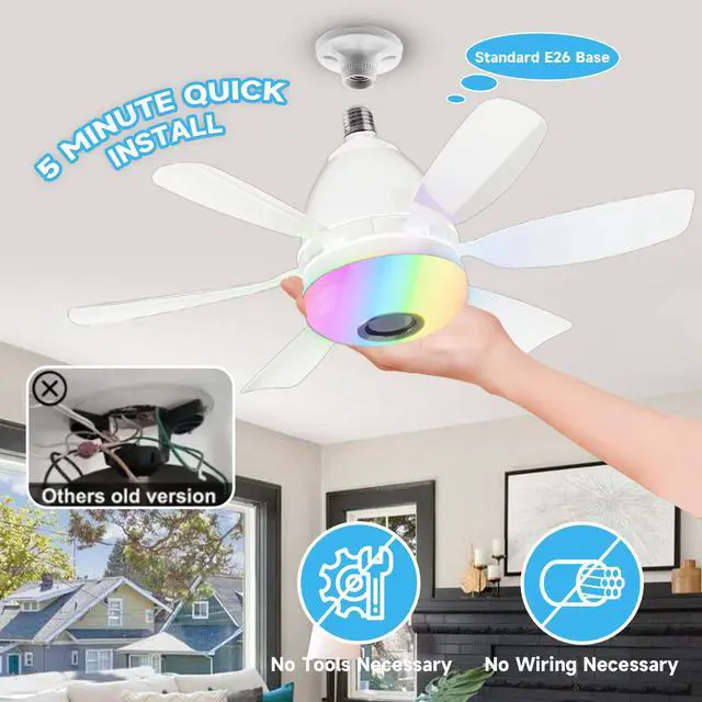 Alt view image 3 of 5 - Socket Fan Light with RGB, Bluetooth Speaker & Remote 3-in-1 E26 Ceiling Fan Bulb, Easy Install, Quiet & Color Changing