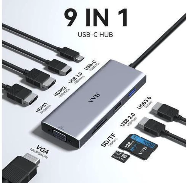 Alt view image 2 of 7 - USB C Docking Station Dual Monitor HDMI Adapter for Dell HP Lenovo,Laptop Docking Station 3 Monitors USB C Hub Multiple Adapter Dongle with 2 HDMI 4K+VGA+100W PD Charger+3 USB Port+SD/TF Card Reader