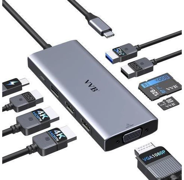 Main image of USB C Docking Station Dual Monitor HDMI Adapter for Dell HP Lenovo,Laptop Docking Station 3 Monitors USB C Hub Multiple Adapter Dongle with 2 HDMI 4K+VGA+100W PD Charger+3 USB Port+SD/TF Card Reader