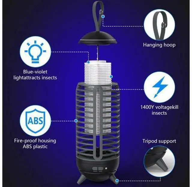 Alt view image 2 of 7 - Cordless Bug Zapper Outdoor Rechargeable 2 in 1 Wireless Mosquito Killer Lamp 2500mAh Bug Zapper Electric Trap Ideal Fly Zapper Indoor for Patio, Home, Backyard, Yard, Garden, Campsite (Black)