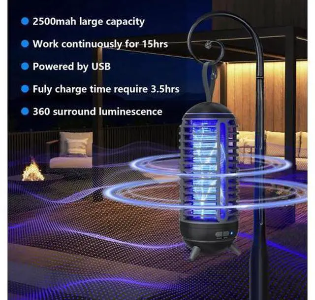 Alt view image 7 of 7 - Cordless Bug Zapper Outdoor Rechargeable 2 in 1 Wireless Mosquito Killer Lamp 2500mAh Bug Zapper Electric Trap Ideal Fly Zapper Indoor for Patio, Home, Backyard, Yard, Garden, Campsite (Black)