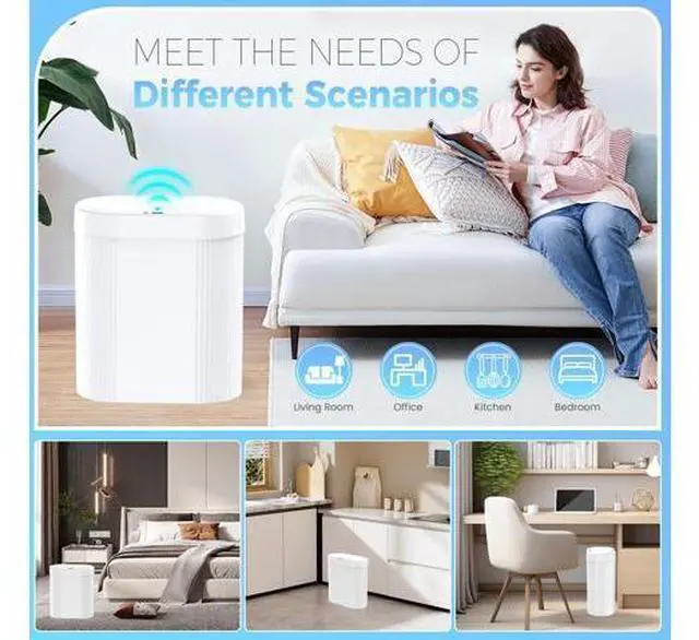 Alt view image 7 of 7 - 5 Gallon Bathroom Trash Can with Lid, Automatic Motion Sensor White Trash Can, Touchless Slim Waterproof Garbage Bin for Kitchen, Bedroom, Office, and Bathroom