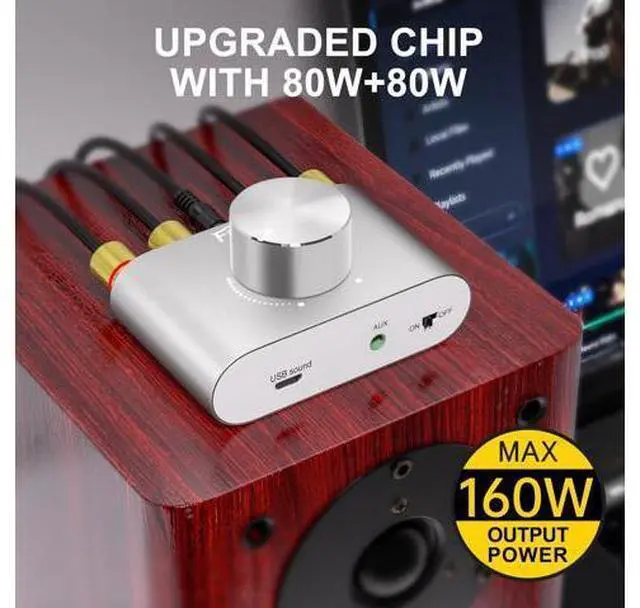 Alt view image 4 of 7 - F900S 160W Bluetooth 5.0 Mini Amplifier, 80Wx2 2.0CH Audio Power Amplifier, Hi-Fi Stereo Sound Digital Amp Wireless Speaker Amp Receiver w/AUX/USB/BT Input & 12V 5A Power Adapter - Silver