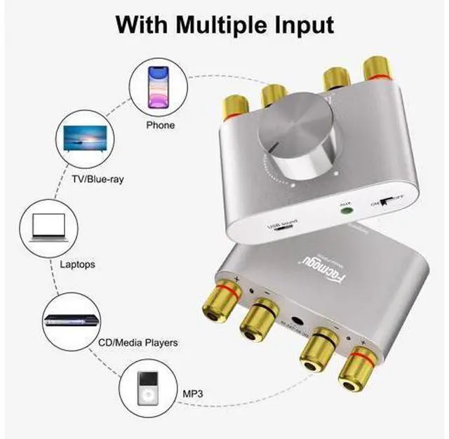 Alt view image 7 of 7 - F900S 160W Bluetooth 5.0 Mini Amplifier, 80Wx2 2.0CH Audio Power Amplifier, Hi-Fi Stereo Sound Digital Amp Wireless Speaker Amp Receiver w/AUX/USB/BT Input & 12V 5A Power Adapter - Silver