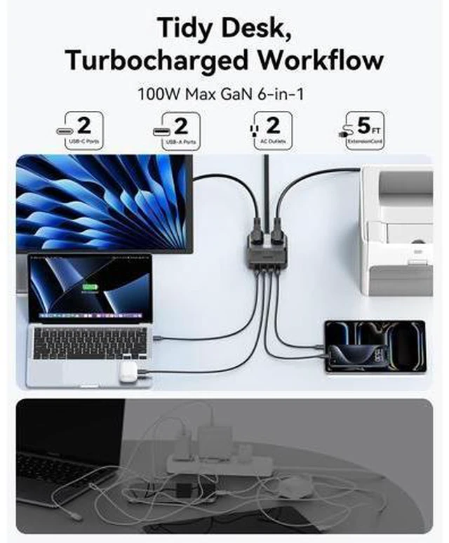 Alt view image 2 of 7 - 6 in 1 Charging Station USB-C, Portable Power Strip with 2 USB C, 2 USB A, 2 AC,100W GaN Laptop Charger for MacBook,iPhone 17/16 etc,Fast Charging Desktop Charger Block for Office, Home,Travel