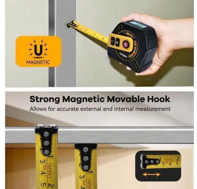 Alt view image 5 of 7 - 2-in-1 Laser Tape Measure, 197Ft Laser Measuring Tool & 16Ft Measuring Tape with Magnetic Hook - Pythagorean/Area/Volume Digital Tape Measure for Construction & Woodworker (M/in/Ft Unit)