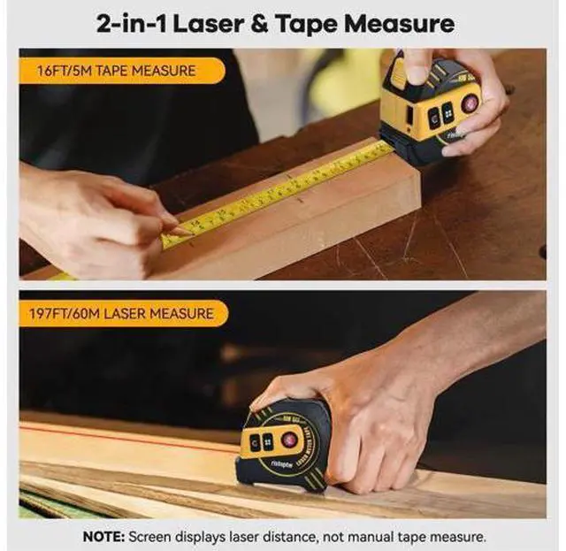 Alt view image 2 of 7 - 2-in-1 Laser Tape Measure, 197Ft Laser Measuring Tool & 16Ft Measuring Tape with Magnetic Hook - Pythagorean/Area/Volume Digital Tape Measure for Construction & Woodworker (M/in/Ft Unit)