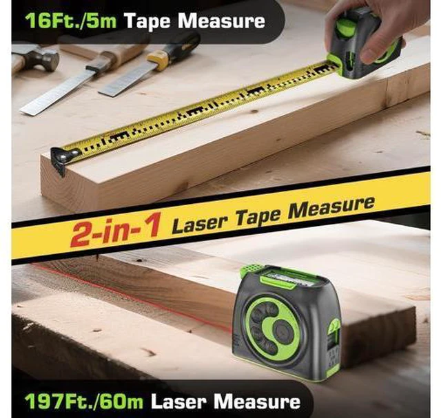 Alt view image 2 of 7 - 2-in-1 Laser Tape Measure, 197Ft Rechargeable Laser Measurement Tool & 16Ft. Measure Tape with Movable Hook -Pythagorean, Area, Volume, Ft/Ft+in/in/M Unit Digital Distance Meter, Gift for Dad