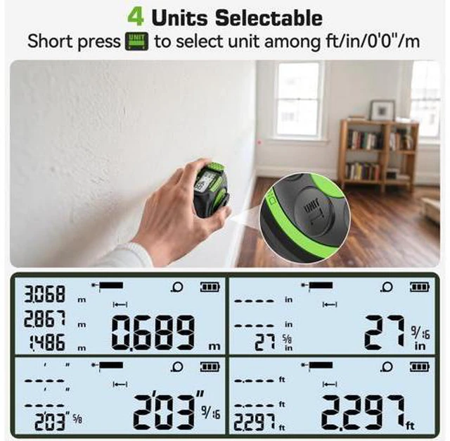 Alt view image 6 of 7 - 2-in-1 Laser Tape Measure, 197Ft Rechargeable Laser Measurement Tool & 16Ft. Measure Tape with Movable Hook -Pythagorean, Area, Volume, Ft/Ft+in/in/M Unit Digital Distance Meter, Gift for Dad