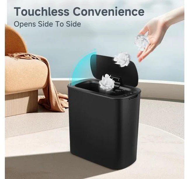 Alt view image 2 of 7 - Automatic Motion Sensor Bathroom Trash Can with Lid, 2.6 Gallon Touchless Trash Bin, Smart Garbage Can Plastic Slim Wastebasket for Bedroom, Office, Dorm (Black)