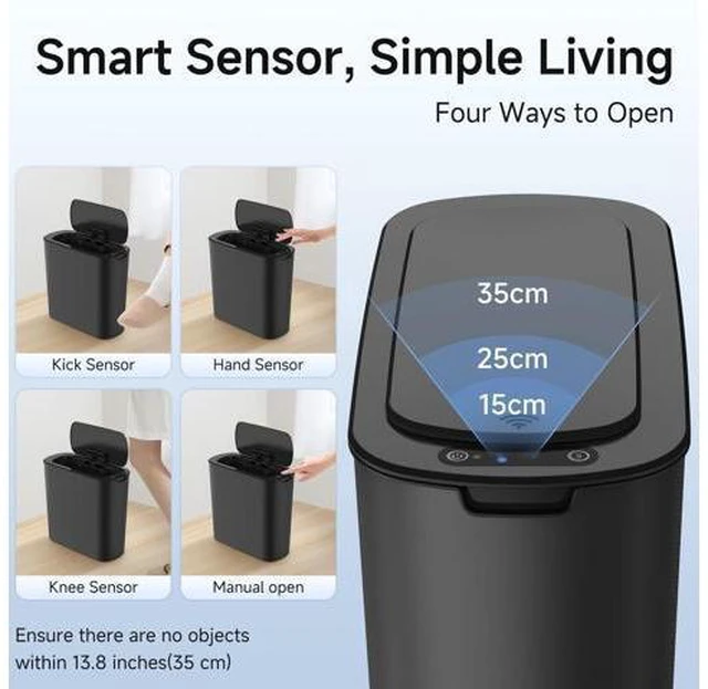Alt view image 4 of 7 - Automatic Motion Sensor Bathroom Trash Can with Lid, 2.6 Gallon Touchless Trash Bin, Smart Garbage Can Plastic Slim Wastebasket for Bedroom, Office, Dorm (Black)